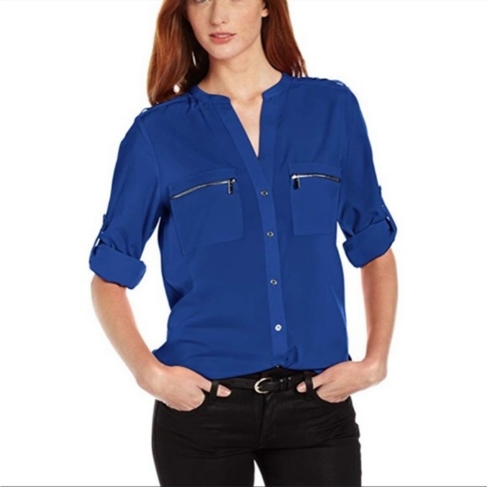L Calvin Klein Royal Blue Tabbed Sleeve Blouse